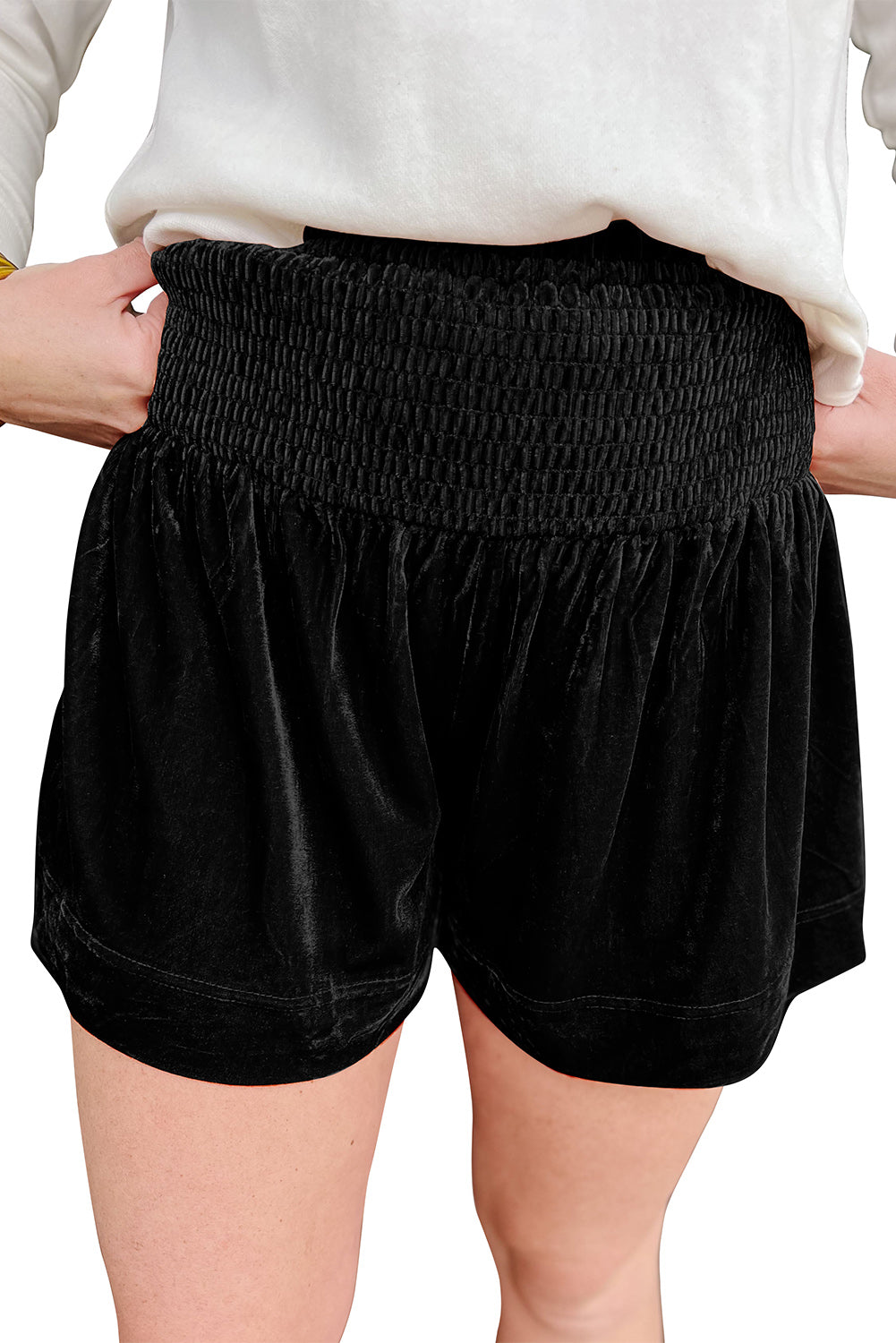 Black Velvet Smocked High Waist ShortsMaterial:95%Polyester+5%Elastane

• Crafted from luxurious black velvet material, these high-waisted shorts offer a sophisticated touch to your everyday wardrobe. 
