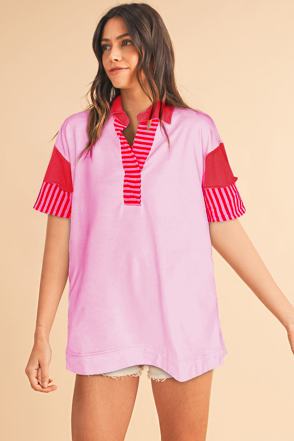 Pink Stripe Colorblock Sleeve Collared Mini DressMaterial:65%Polyester+35%Cotton

• The combination of pink and stripes adds a fun and trendy touch to your outfit.
• Embrace the relaxed vibes with the drop sleeve