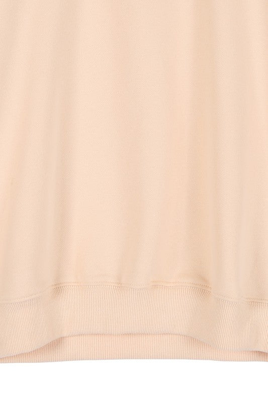 Cream sweat shirt with embo- Cream sweat shirt with logo embroidery, soft handfeel with peach finish, rib binding at neck and cuff- Pattern type : solid- Neck line : round neck- Sleeve type : 