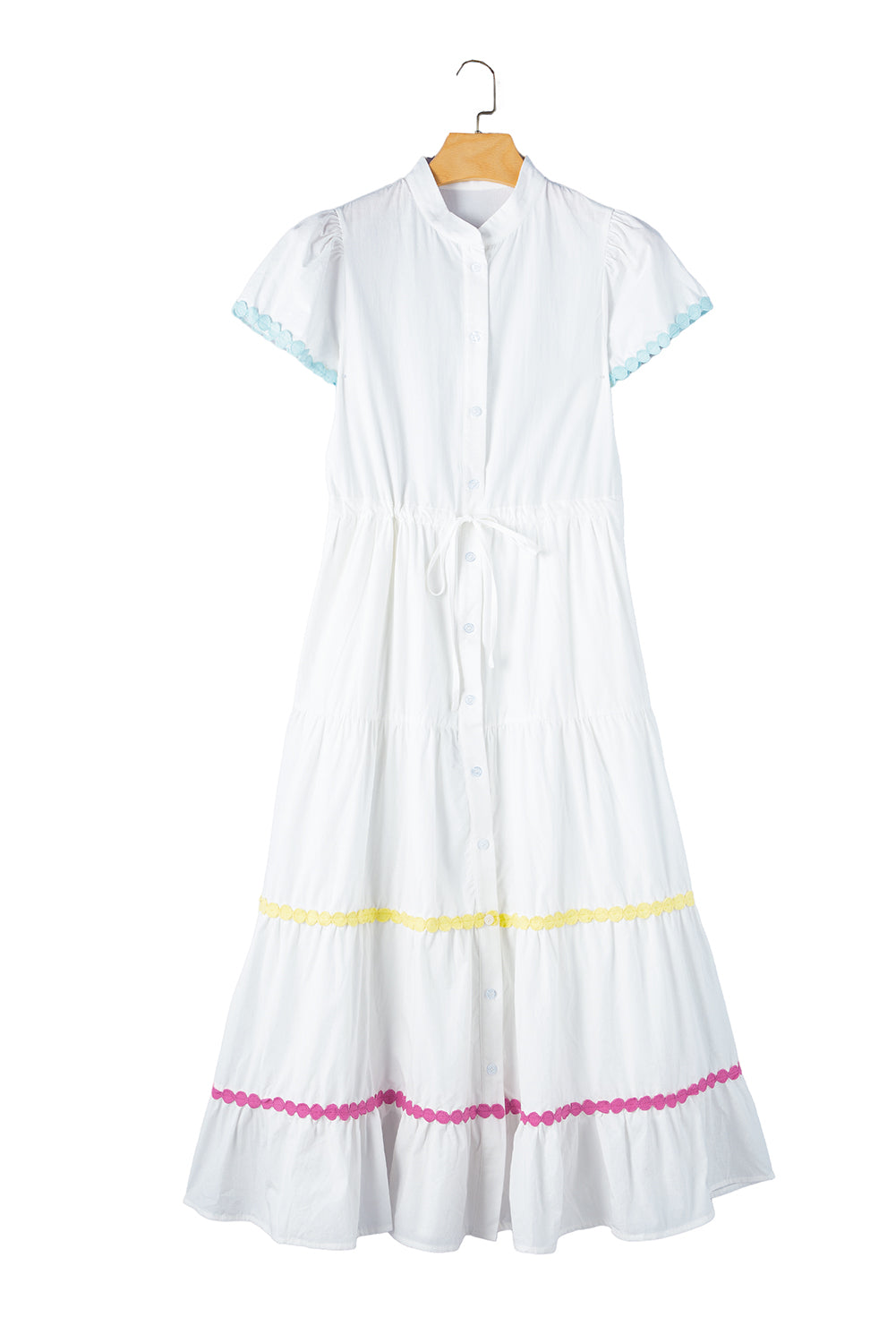 White High Waist Short Sleeve Tiered Shirt DressMaterial:100%Cotton



		The dress features a stylish and feminine design with delicate applique details, adding a touch of elegance to your outfit.
	
	
		Made 