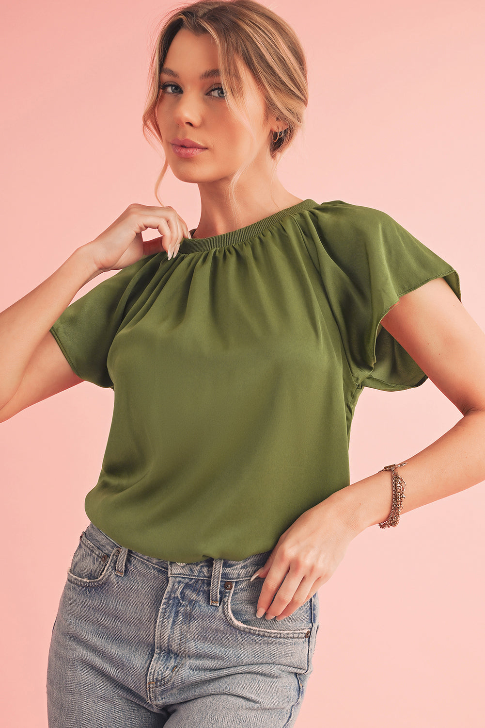 Violet Solid Color Pleated Flutter Sleeve Satin BlouseMaterial:100%Polyester



		This satin top is soft and sleek
	
	
		The shiny satin fabric makes this top looks elegant and luxurious
	
	
		The pleated detail