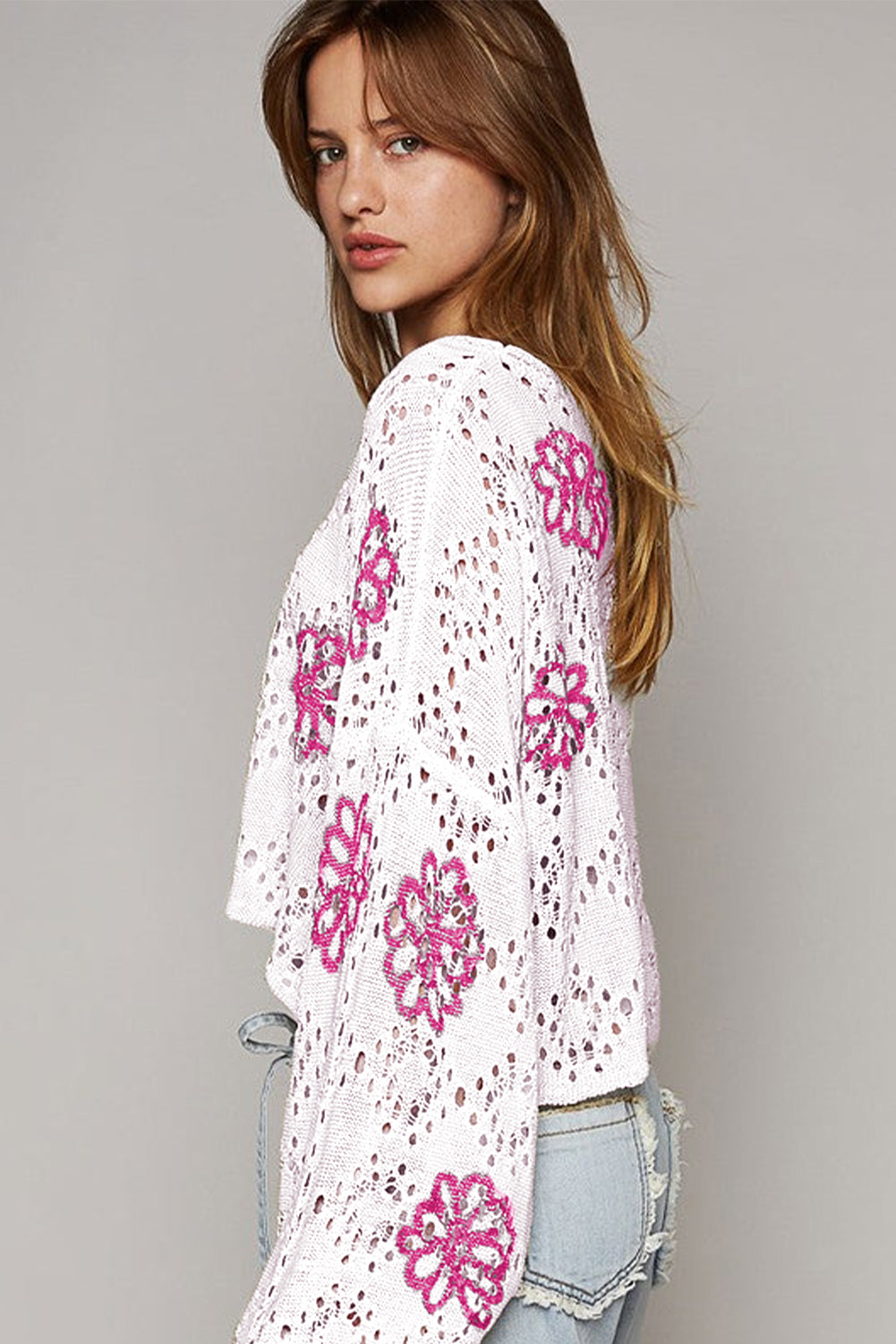 Beige Flower Print Drop Shoulder Hollow Knit Sweater