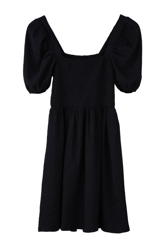 Puff sleeved smocked dress- Puff sleeved smocked dress- Pattern type : solid- Neck line : square neck- Sleeve type : puff sleeves- Sleeve length : short sleeves- Stretch : stretch- Sheer : no