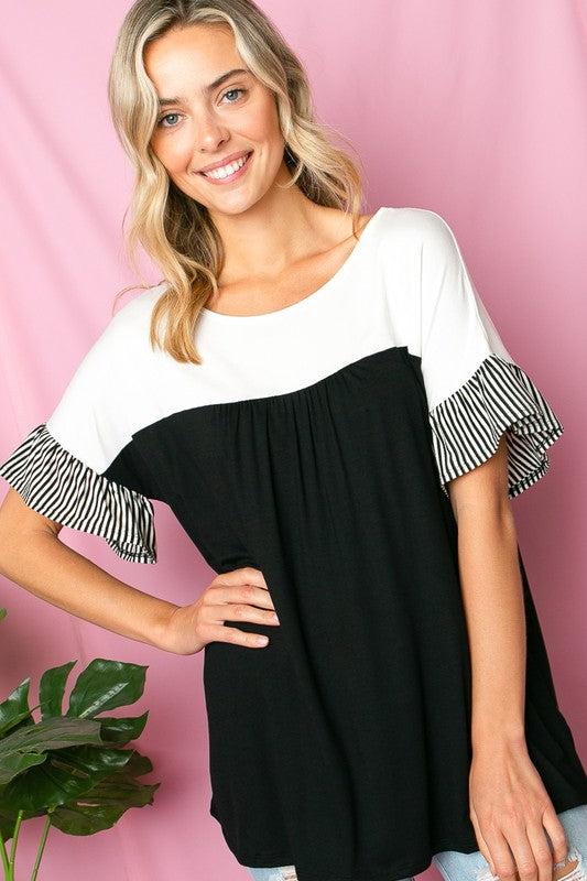 PLUS SOLID STRIPE BABY DOLL TOPPLUS SOLID AND PIN STRIPE JERSEY MIXED ROUND NECK RUFFLED SHORT SLEEVE BABY DOLL TOP95% RAYON, 5% SPANDEX MADE IN USA
Style: Casual
Print / Pattern: SOLID AND PIN ST