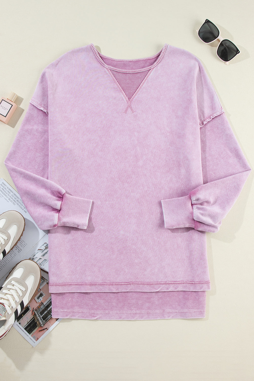 Orchid Petal Mineral Wash Drop Shoulder Oversized SweatshirtMaterial:85%Cotton+15%Polyester

• The unique patchwork design adds a stylish twist to your casual look.
• Enjoy the comfort of the oversized fit and drop shoulder