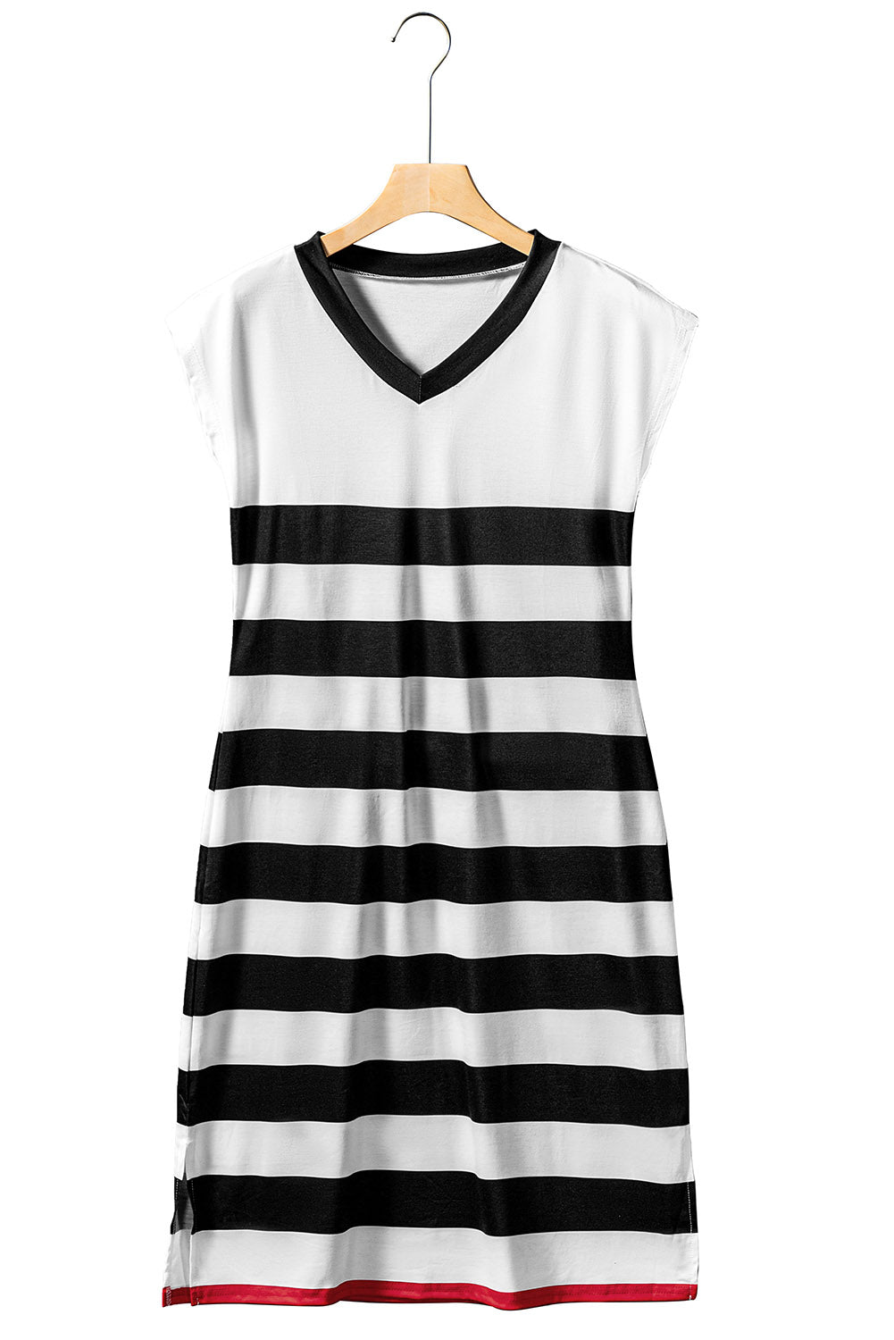 Stripe Casual V Neck Cap Sleeve Midi DressMaterial:95%POLYESTER+5%ELASTANE



		This midi dress features a classic and timeless striped pattern that is perfect forany occasion
	
	
		The dress has a flat