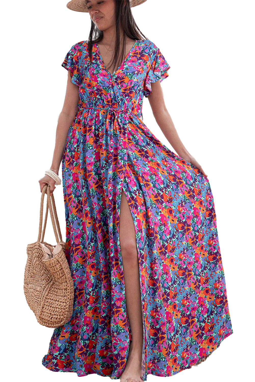 Blue Boho Floral Print V Neck Wrap Split Maxi DressMaterial:100%Viscose



		This high waist dress elongates the silhouette and creates a flattering hourglass shape
	
	
		The side slit adds a touch of allure and