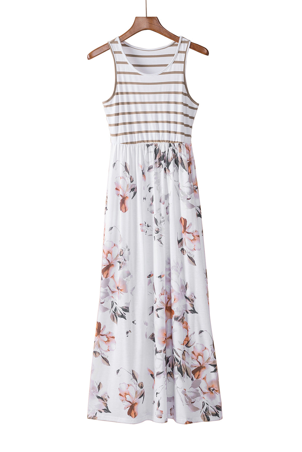 White Boho Stripes & Floral Print Floor Length Tank DressMaterial:95%POLYESTER+5%ELASTANE



		•Easy Match: This long dress goes well with sandals, high heels, a hat, or worn with a pretty necklace for a fashion look, wh