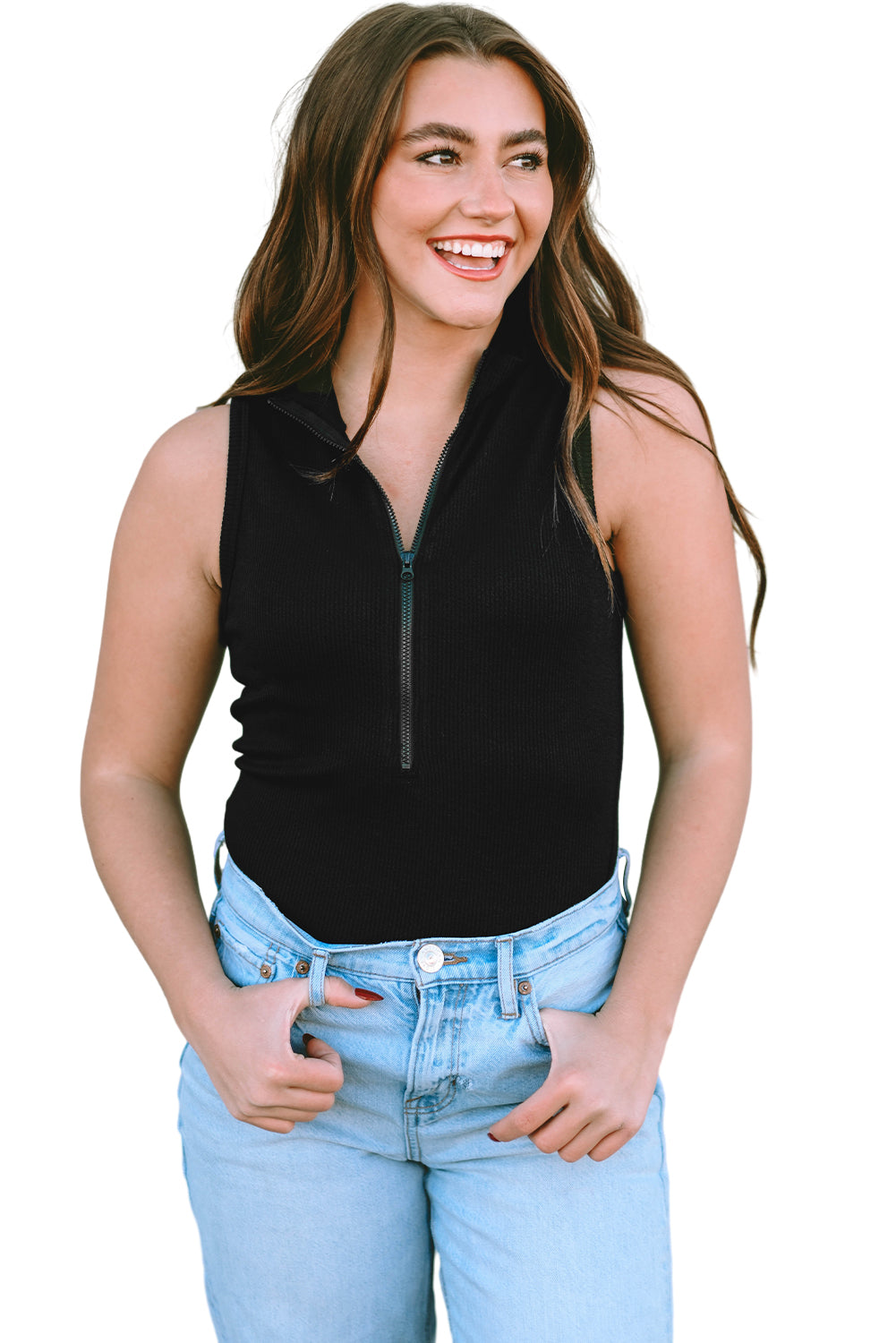 White Zip Up Mock Neck Ribbed Sleeveless BodysuitMaterial:95%Polyester+5%Elastane



		The zip-up feature of this chic bodysuit provides convenient on and off access. 
	
	
		Adding a touch of sophistication an