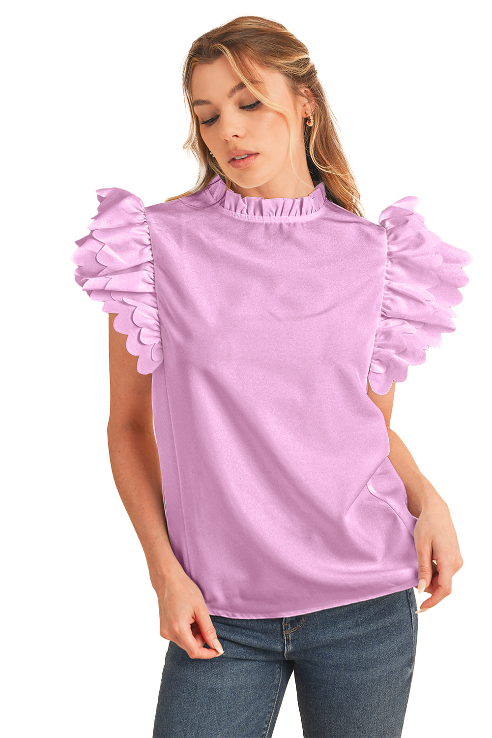 White Solid Color Scalloped Ruffle Sleeve BlouseMaterial:100%Polyester



		The blouse is a chic and feminine top featuring delicate scalloped edges and ruffle sleeves, adding a touch of elegance to your outfit.