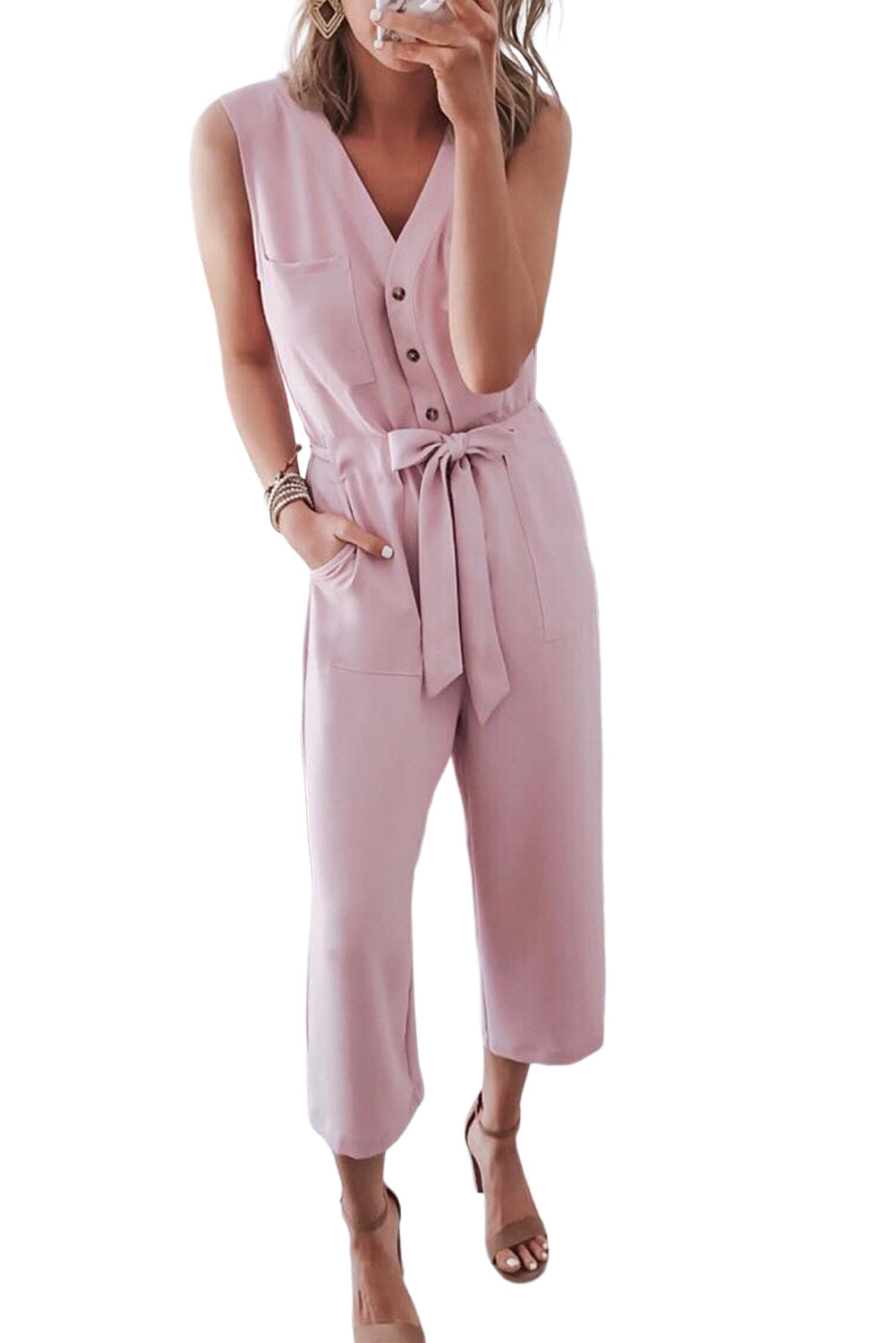 Pink Buttoned Sleeveless Cropped Jumpsuit With SashMaterial:95%POLYESTER+5%ELASTANE



		The
chic jumpsuit features a button-up front and a sleeveless design, making it
perfect for warm weather
	
	
		The
crop