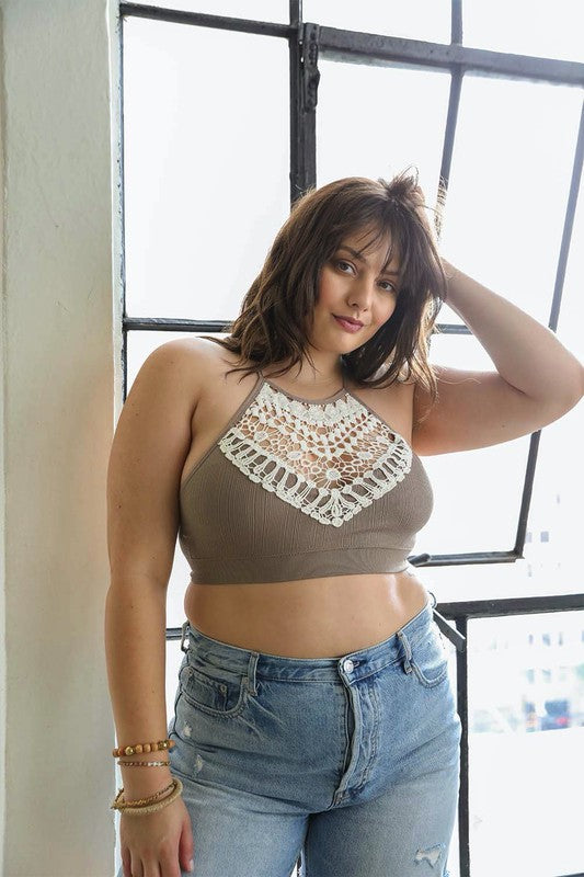 Plus Size Crochet Lace High Neck BralettePlus Size Crochet Lace High Neck BraletteImmediate ShippingXL fits Size 14-16 Bust 40"-43"Cup Fit 34DD 36D 38C 40B 36DD 38D 40C 42B
Style: Bralette Print / Pattern: 