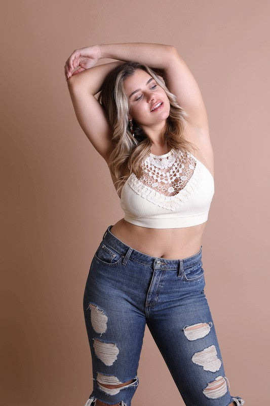 Plus Size Crochet Lace High Neck BralettePlus Size Crochet Lace High Neck BraletteImmediate ShippingXL fits Size 14-16 Bust 40"-43"Cup Fit 34DD 36D 38C 40B 36DD 38D 40C 42B
Style: Bralette Print / Pattern: 