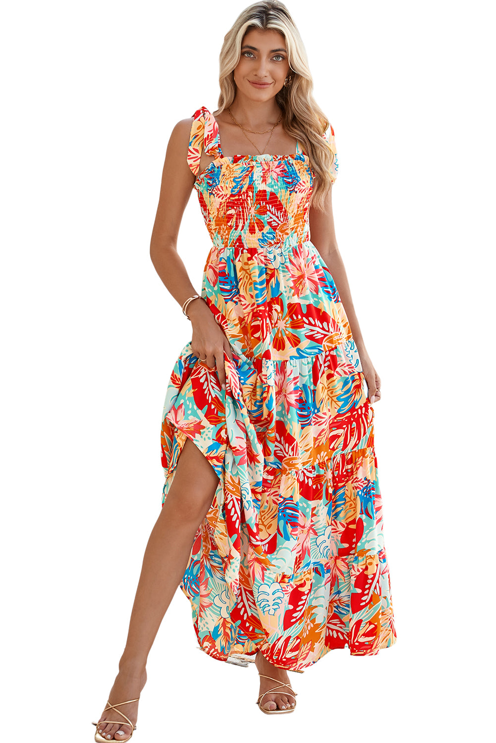 Multicolor Boho Tropical Print Smocked Ruffle Tiered Maxi DressMaterial:100%Polyester



		•The tiered design of the dress adds volume, creating a flowy and feminine look.
	
	
		•Smocked bodice and tie shoulder straps give 