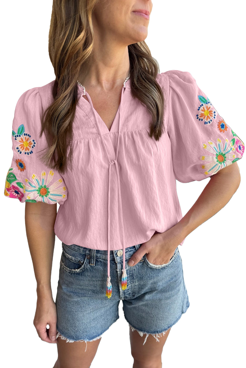 Mineral Red Floral Embroidered Puff Sleeve Split Neck BlouseMaterial:100%Cotton

• Radiate bohemian charm with the Mineral Red blouse featuring intricate floral embroidery and puff sleeves, perfect for a free-spirited look.
