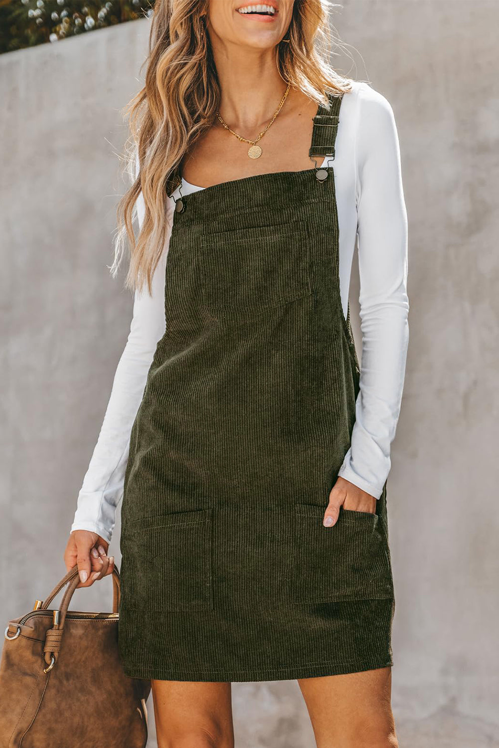 Cinnamon Corduroy Front Pockets Overall Dress