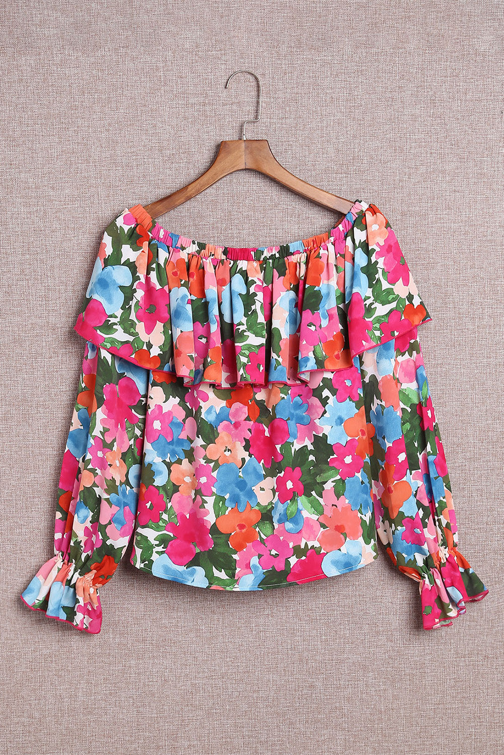 Multicolor Bohemian Floral Print Shirred Ruffle Off Shoulder BlouseMaterial:100%Polyester


	

			This floral print blouse is perfect to change a stylish summer look
		
		
			Featured with off-shoulder, puffy sleeve, and flora