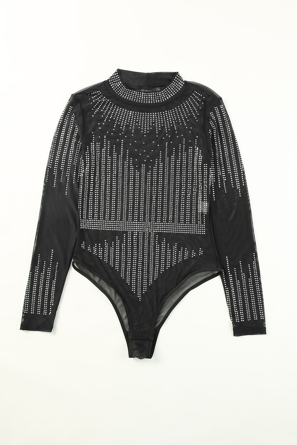 Black Rhinestone Sheer Slim Fit Long Sleeve BodysuitMaterial:95%POLYESTER+5%ELASTANE



		This sheer mesh bodysuit is sexy and charming for women
	
	
		The rhinestone design can light up your special nights
	
	