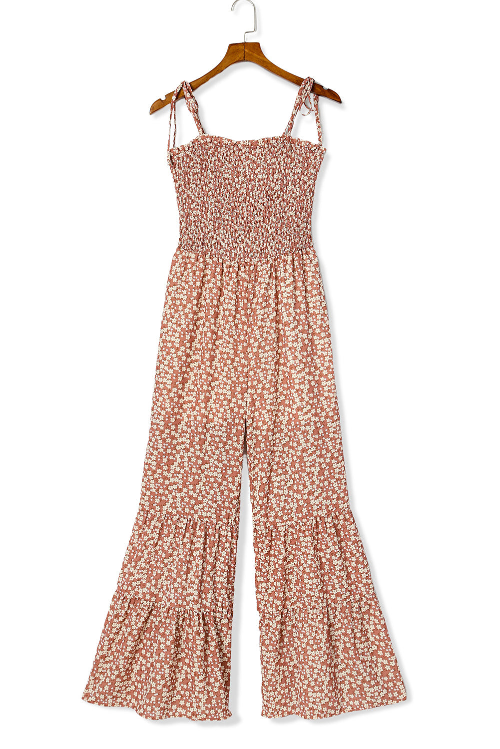 Khaki Floral Spaghetti Straps Smocked Bodice Wide Leg JumpsuitMaterial:100%Polyester



		Smoked bodice design highlights women’s
sexy body shapes.
	
	
	
		Floral jumpsuit with the wide leg is very
textured and fashiona