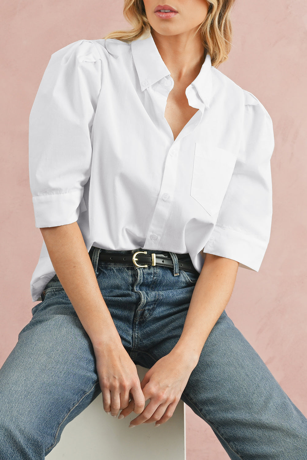 White Solid Color Button Up Puff Sleeve ShirtMaterial:100%Cotton



		Elevate your wardrobe with our shirt, crafted from a crisp and versatile fabric that offers a timeless appeal.
	
	
		This shirt feature