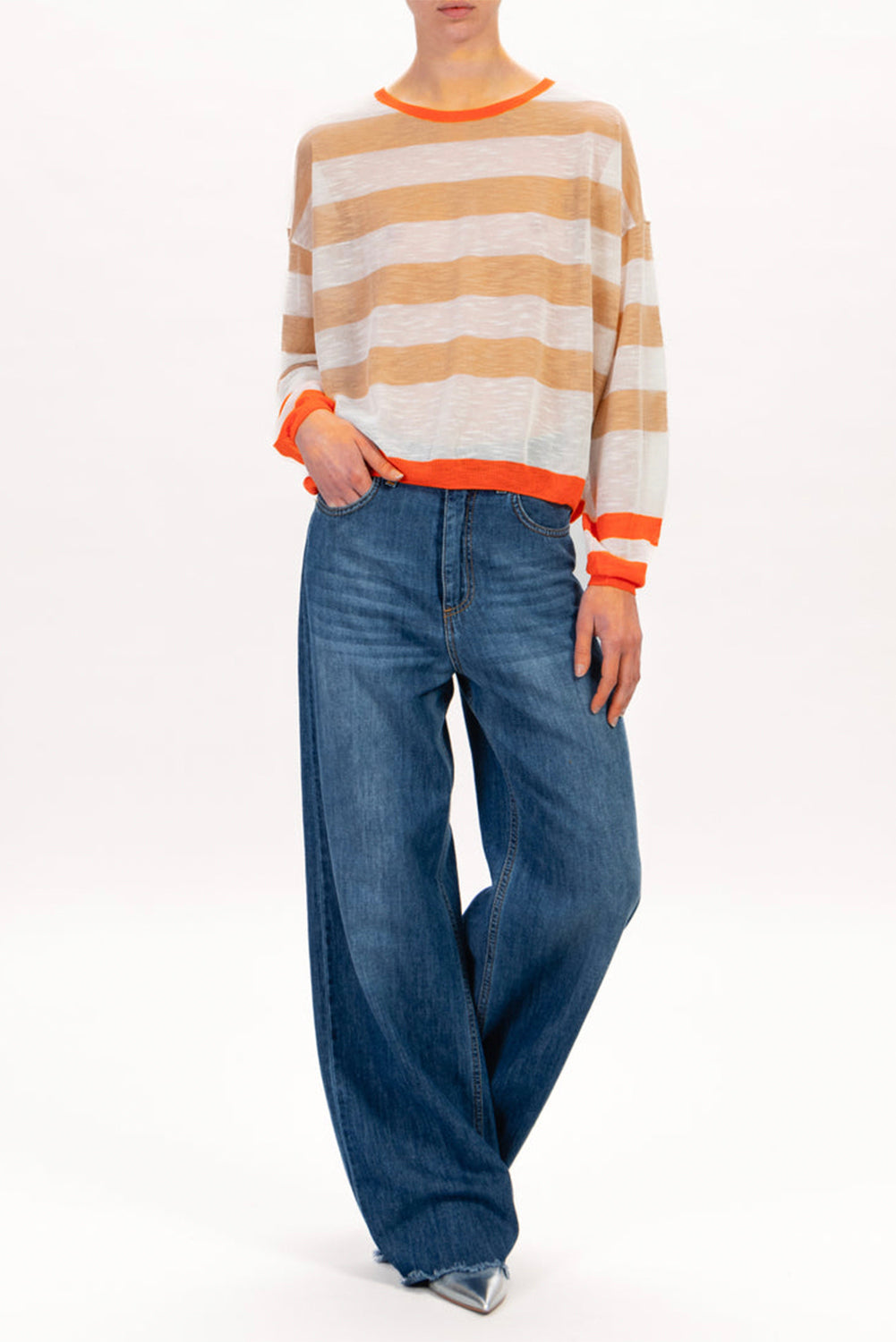 Apricot Colorblock Striped Round Neck Drop Shoulder Sweater