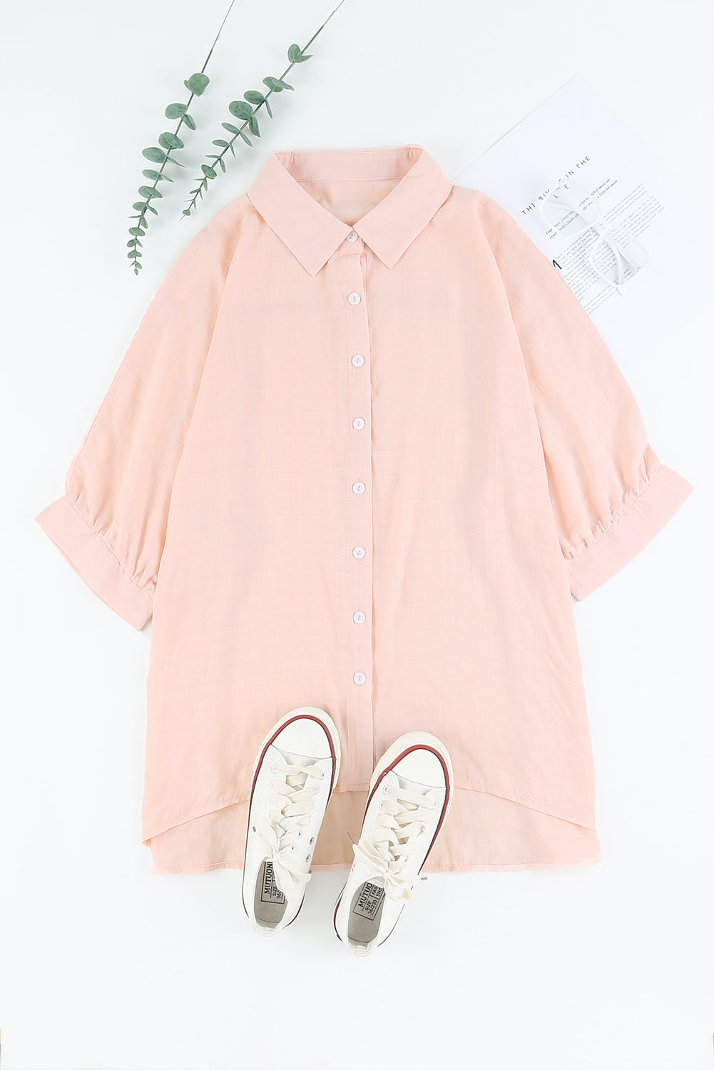 Pink Half Sleeve Collared Button Up BlouseMaterial:100%Polyester



		It features a flattering high-low hemline for a stylish touch.
	
	
		The collared design adds a touch of sophistication.
	
	
		Th