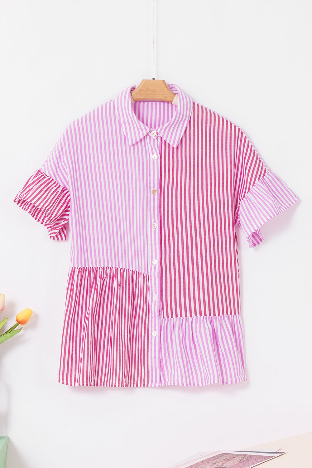 Pink Striped Patchwork Ruffle Button Up Blouse