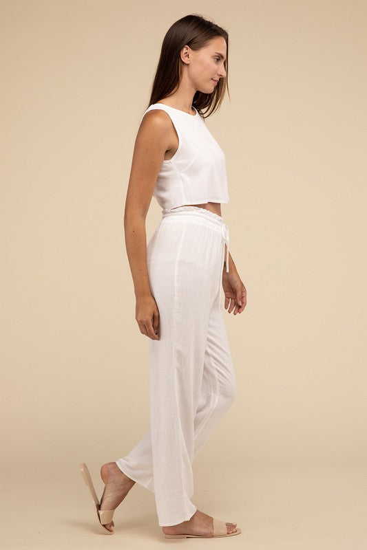 D-Linen Blended Top and Pants SetIndulge in the luxurious comfort of our D-Linen Blended Top and Pants Set. Crafted from a soft rayon-linen blend fabric, this matching set offers both style and comf