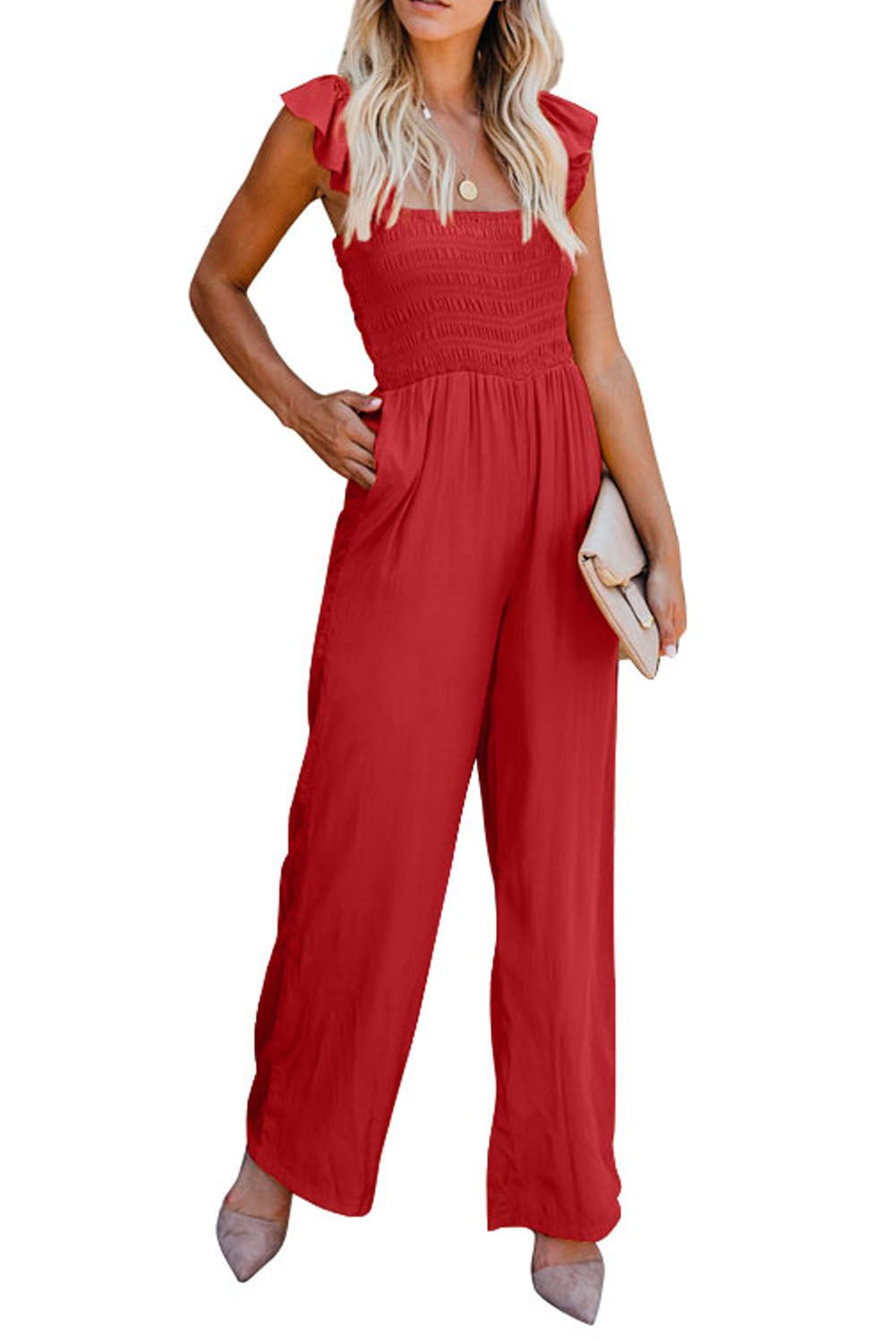 Apricot Smocked Ruffle Strap Pocket Wide Leg JumpsuitMaterial:100%Polyester



		This plain jumpsuit is sexy yet graceful with a flattering silhouette
	
	
		Flutter sleeves, square neck, smocked bodice and wide le