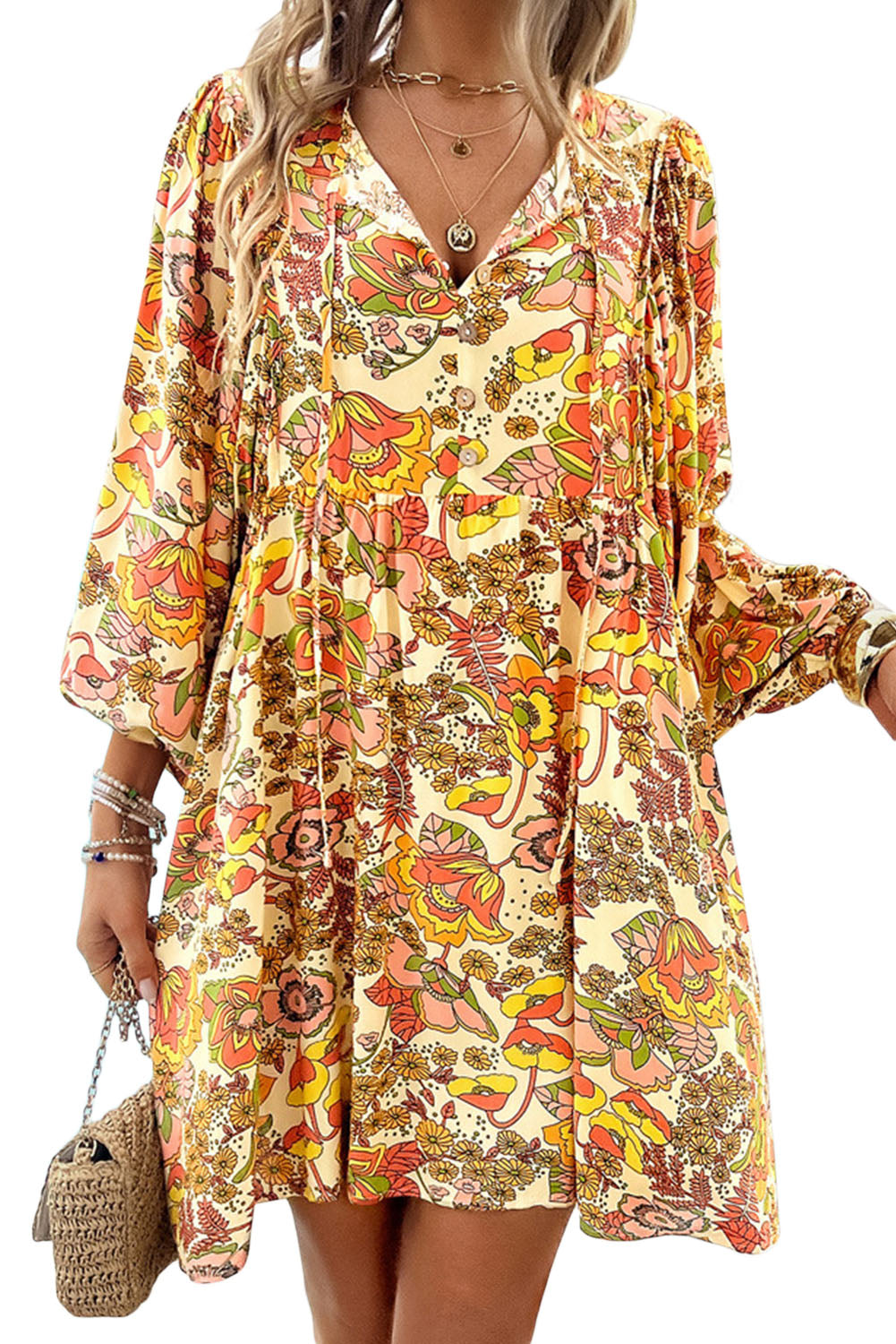 Yellow Cream Floral Print Tie V Neck Long Sleeve Mini DressMaterial:100%Polyester

• Effortlessly chic, the mini dress features a tie front detail that adds a touch of elegance to the bohemian look. 
• With puff sleeves th