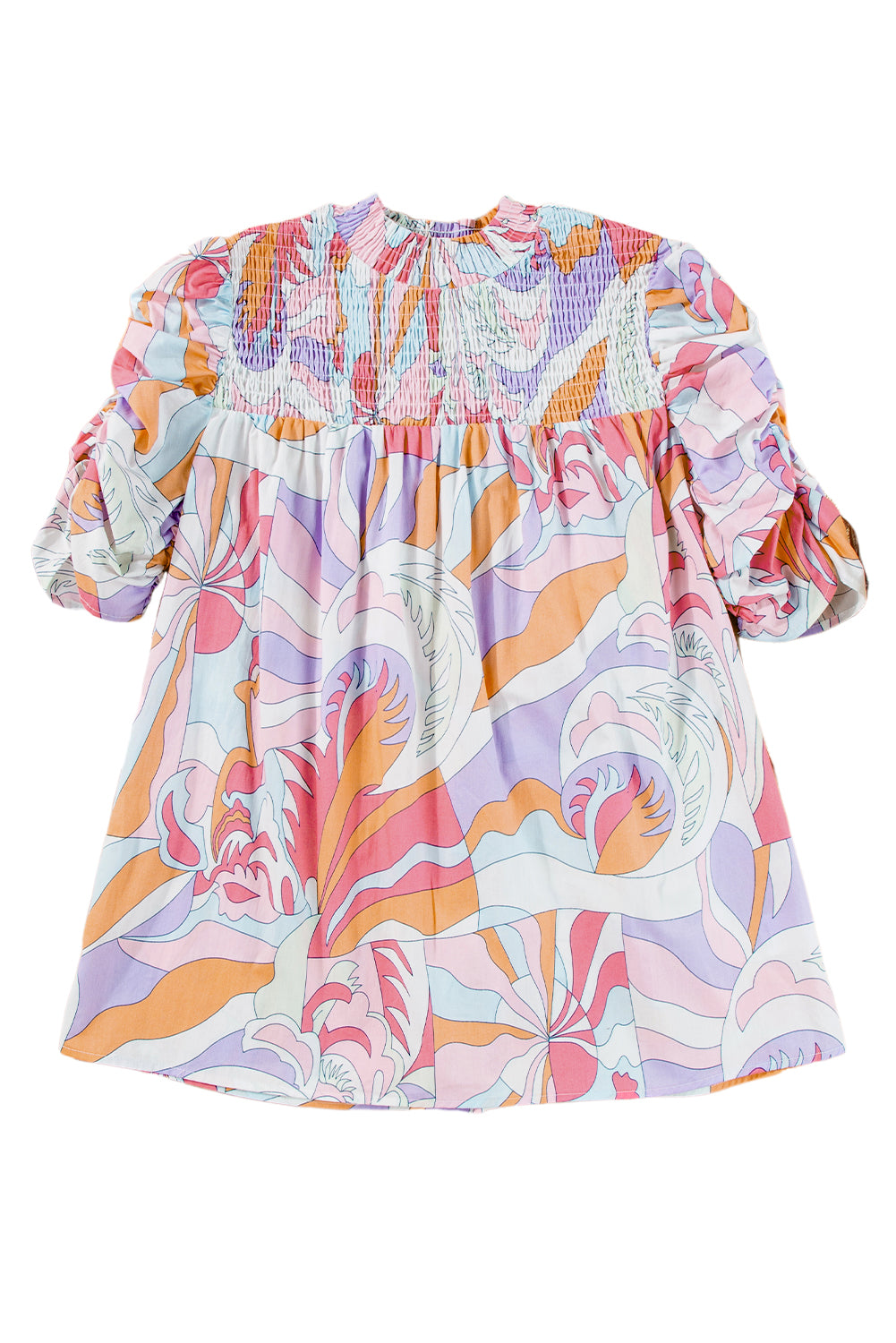 Pink Abstract Print Smocked Bubble Sleeve BlouseMaterial:100%cotton


	


		The blouse features a vibrant and unique abstract print, adding a pop of color to your outfit.
	
	
		The bubble sleeves add a play