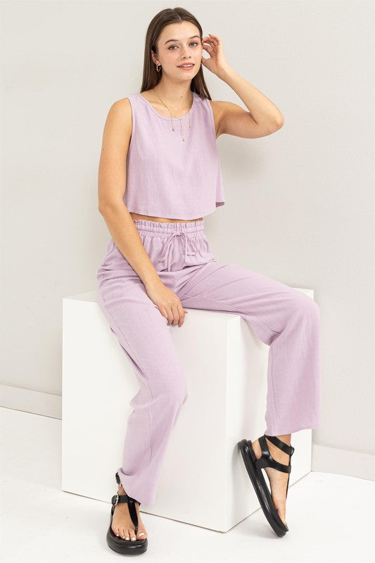 D-Linen Blended Top and Pants SetIndulge in the luxurious comfort of our D-Linen Blended Top and Pants Set. Crafted from a soft rayon-linen blend fabric, this matching set offers both style and comf