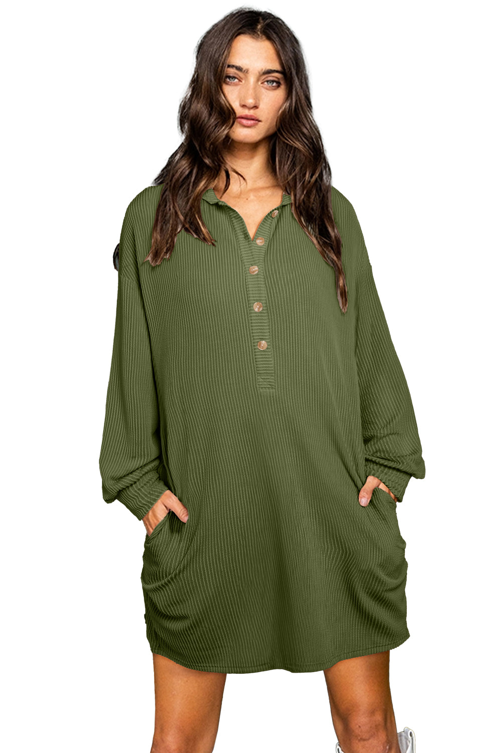 Moss Green Corded Buttons Placket Collared Shift Dress