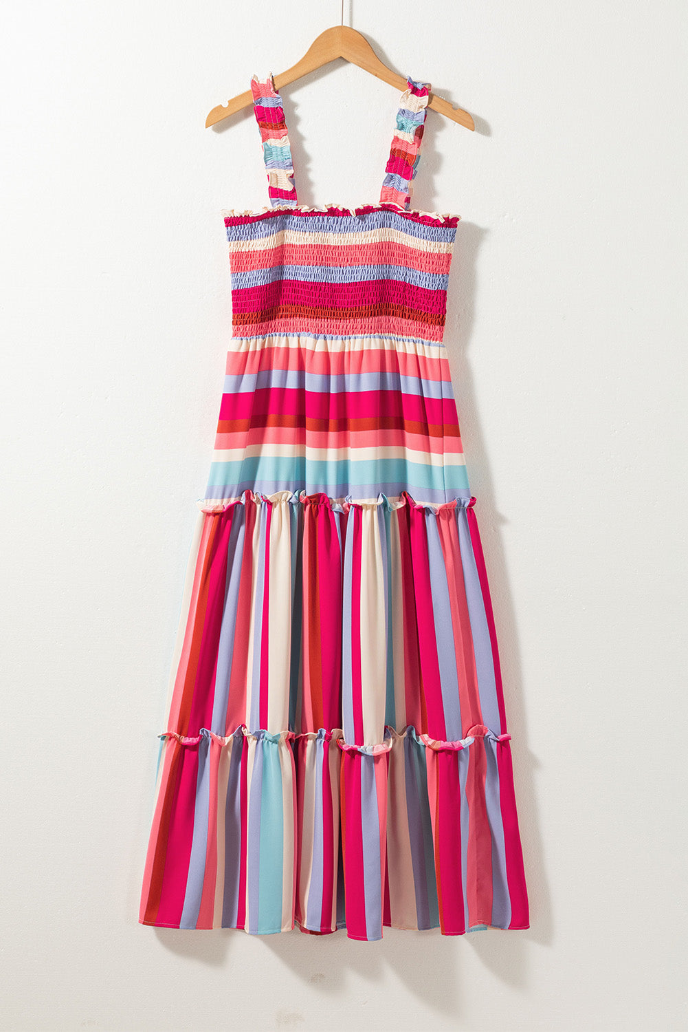 Red Stripe Ruffled Straps Smocked Tiered Midi DressMaterial:100%Polyester



		Embrace the timeless charm of the multicolor stripes pattern, making this long dress a classic and popular choice.
	
	
		Achieve a p