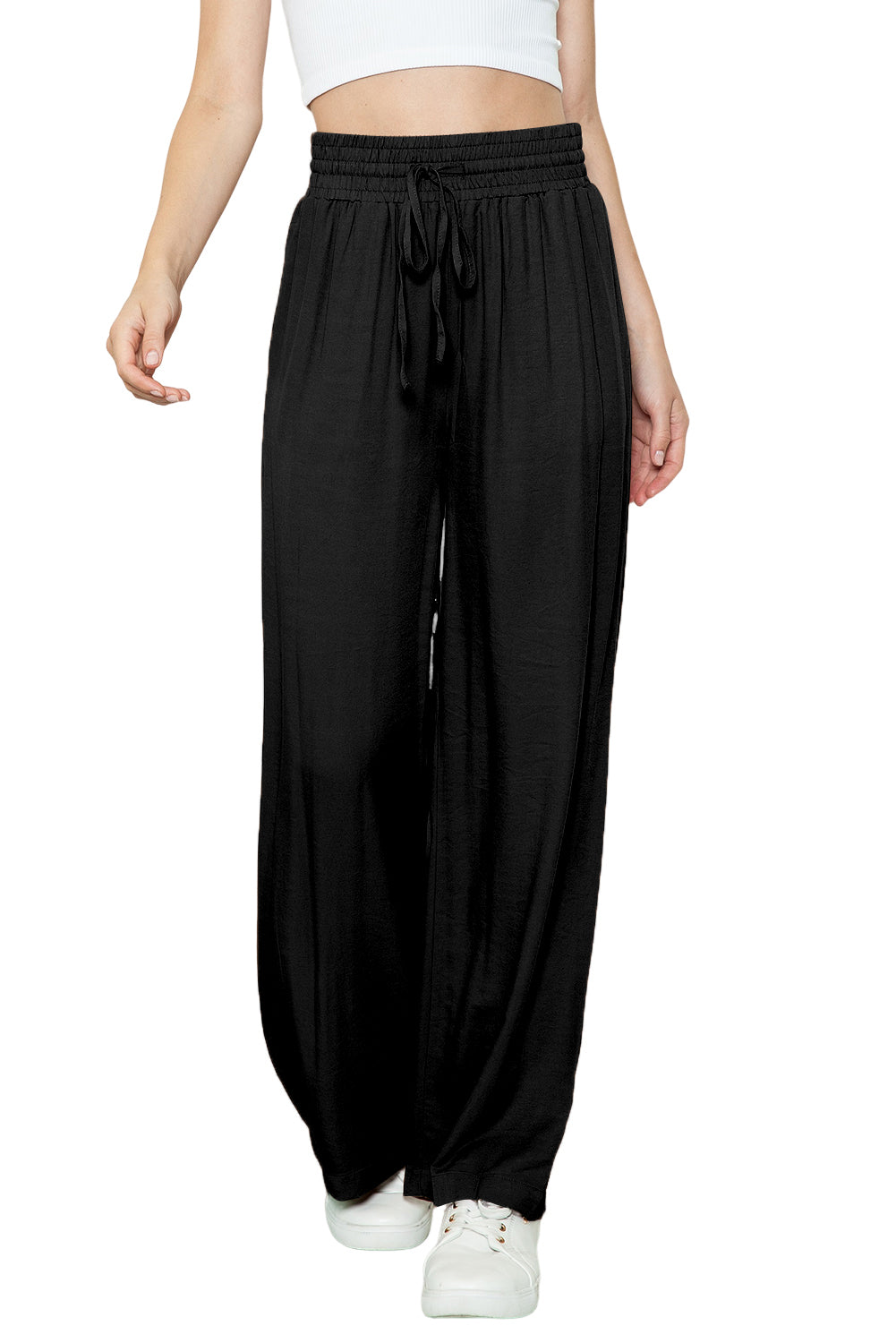 Blue Casual Drawstring Shirred Elastic Waist Wide Leg PantsMaterial:65%Viscose+35%Polyester



		These wide leg pants
are casual and comfy with a loose fit style
	
	
		The smocked waist
design is fashionable and very 