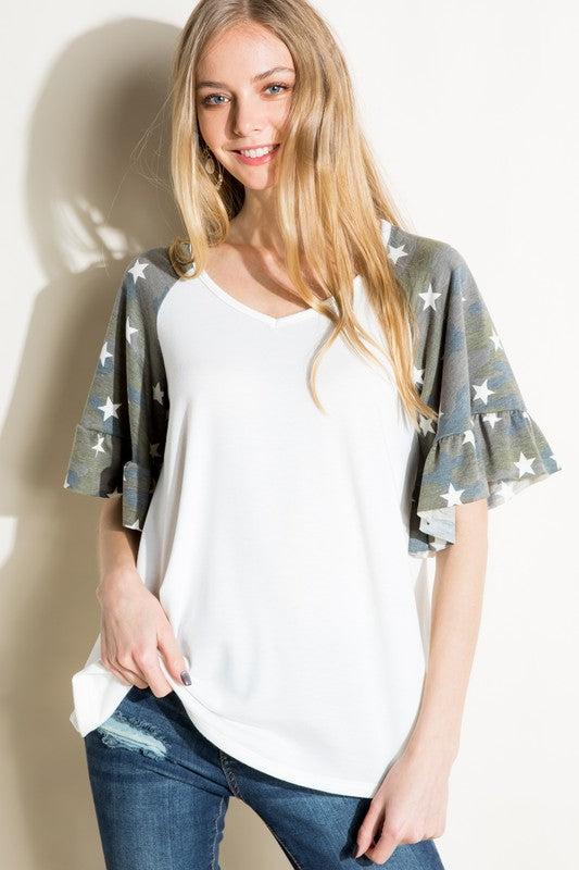 SOLID CAMO MIX RUFFLED SL TOPFRENCH TERRY SOLID AND CAMOUFLAGE PRINT MIXED V NECK RUFFLED HALF SLEEVE TOP87% POLYESTER, 10% RAYON, 3% SPANDEX MADE IN USAS/M/L 2-2-2
Style: Casual
Print / Pattern