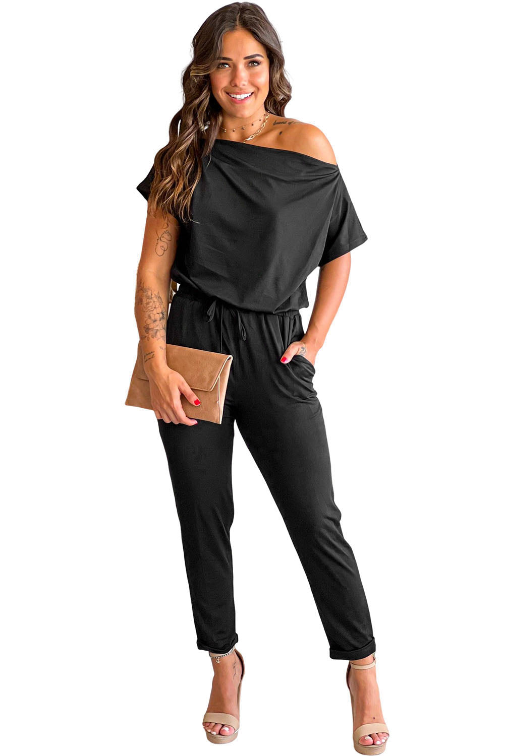 Black Tie Waist Off Shoulder Short Sleeve Tapered JumpsuitMaterial:90%Polyester+10%Elastane


	


		The short sleeves provide coverage while still allowing for ease of movement, and the tapered legs create a sleek and s