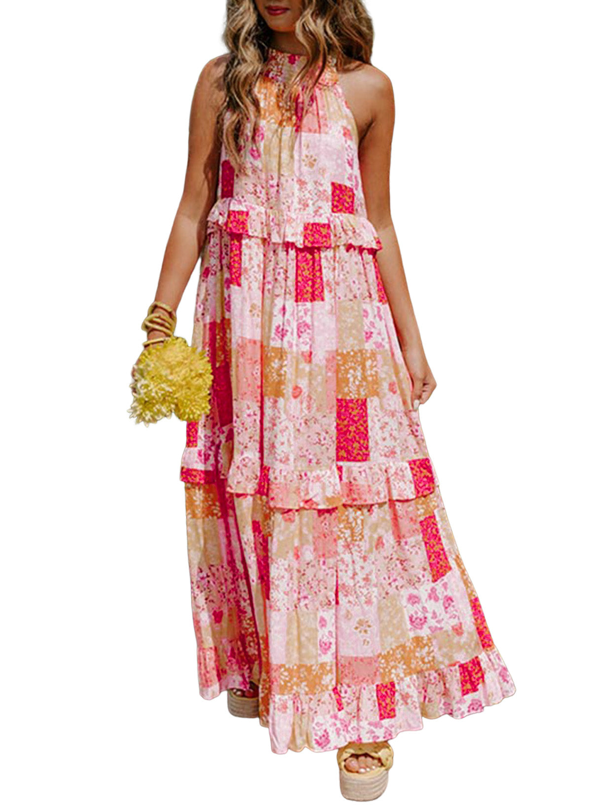 Multicolor Floral Print Sleeveless Tiered Ruffle Trim SundressMaterial:100%Polyester

• Embrace bohemian charm with this multicolor floral print sundress, featuring a tiered ruffle trim that adds a playful touch to your look.
