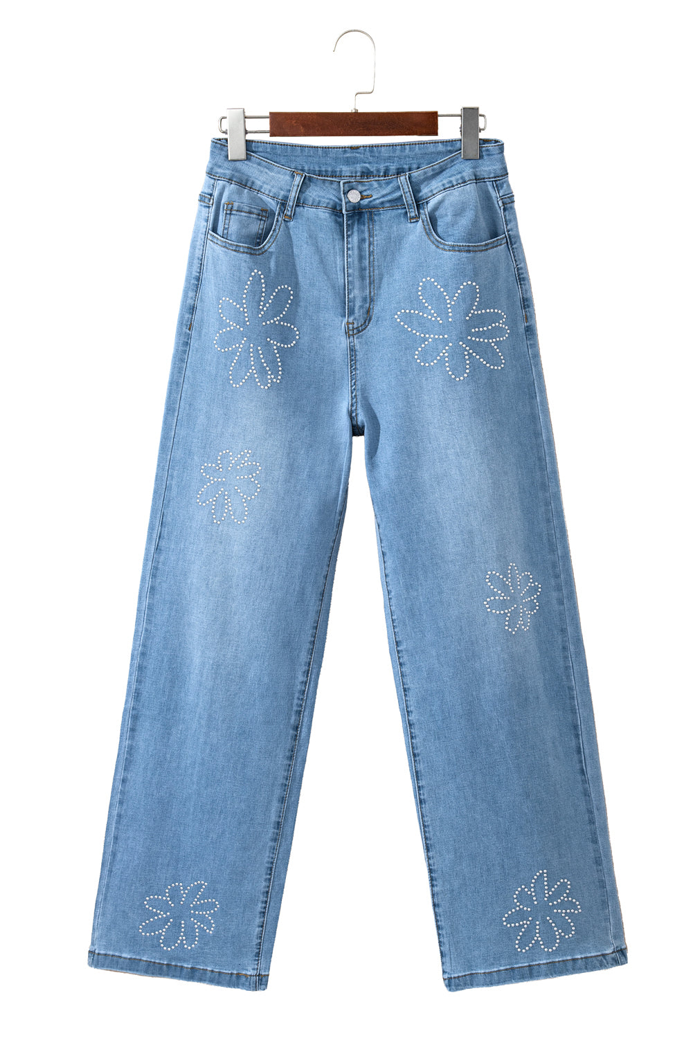 Light Blue Floral Beads Decor High Rise Wide Leg JeansMaterial:75%Cotton+23%Polyester+2%Elastane



		These wide leg jeans with floral rhinestone décor are sure to pop eyes
	
	
		Embrace comfort and fashion with th