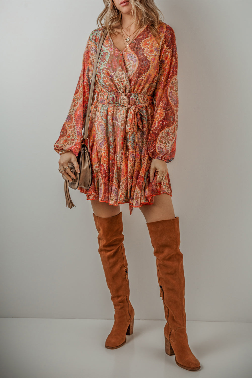 Orange Boho Paisley Print Long Sleeve Pleated Belted Mini Dress