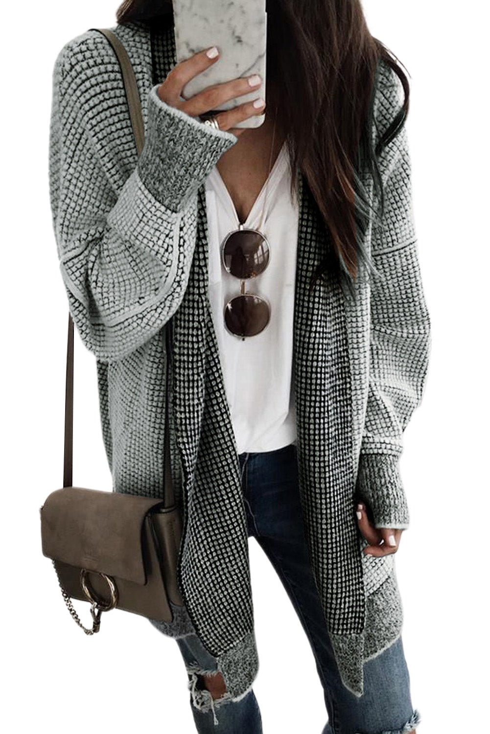 Grey Plaid Contrast Trim Casual Knit Cardigan