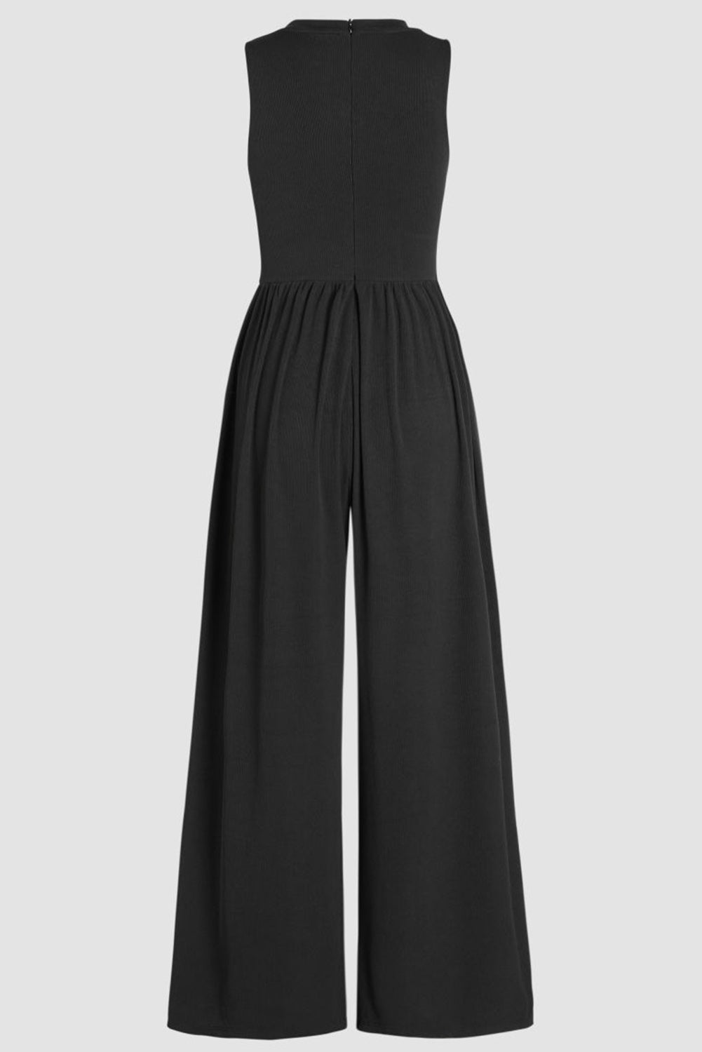 Blackish Green Sleeveless High Waist Wide Leg JumpsuitMaterial:93%Viscose+7%Elastane



		The jumpsuit features a sleeveless design, meaning it does not have sleeves and exposes the arms. 
	
	
		The jumpsuit has a 