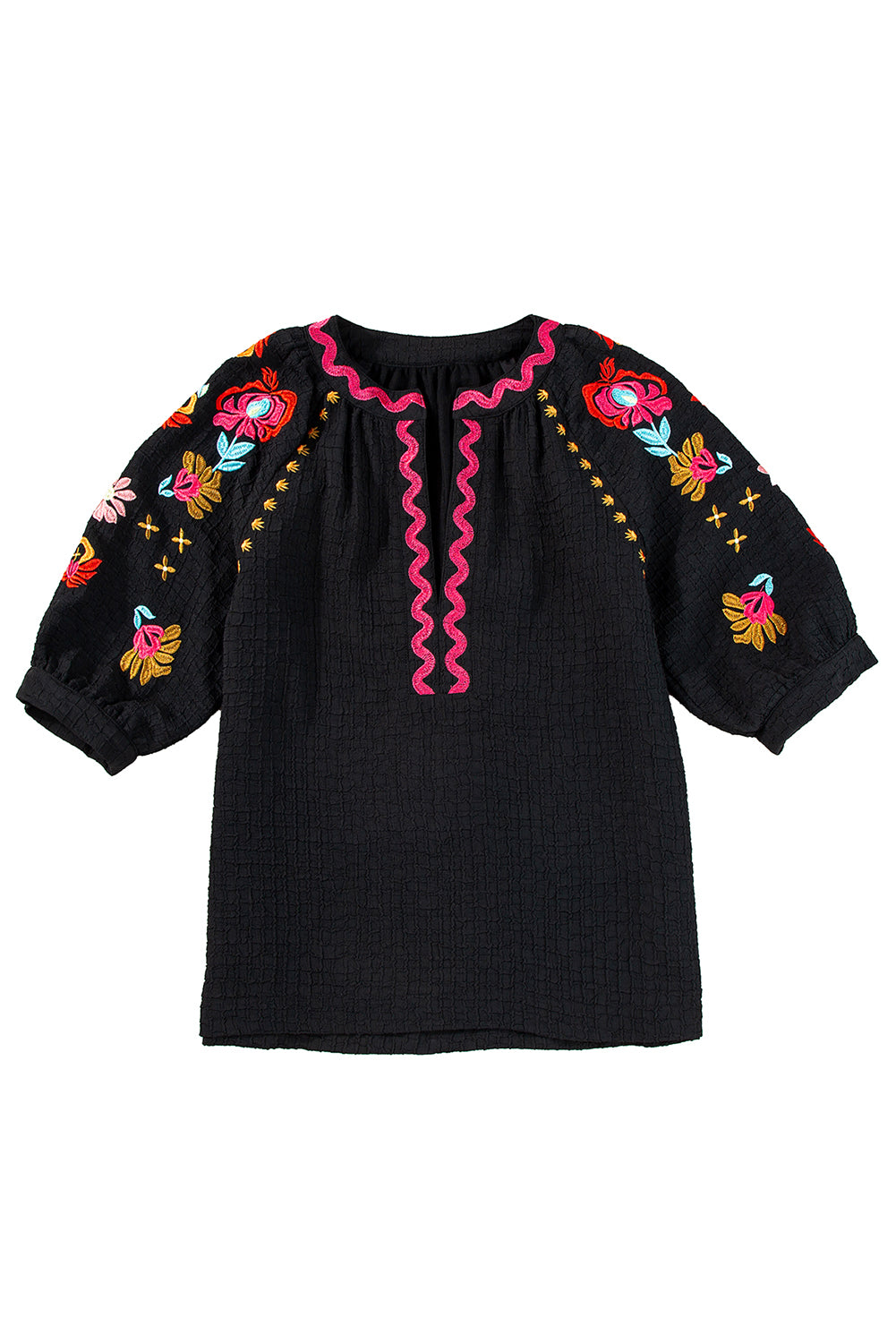 Black Floral Embroidered Ricrac Puff Sleeve Textured BlouseMaterial:100%Polyester

• Intricately detailed floral embroidery adds a touch of whimsy to the classic black hue, perfect for day-to-night transitions.
• The playf