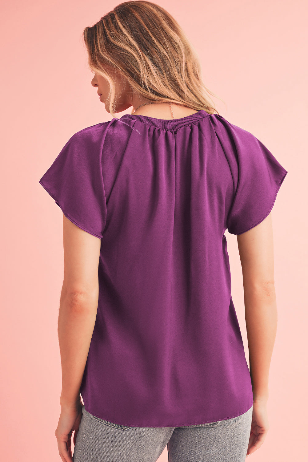 Violet Solid Color Pleated Flutter Sleeve Satin BlouseMaterial:100%Polyester



		This satin top is soft and sleek
	
	
		The shiny satin fabric makes this top looks elegant and luxurious
	
	
		The pleated detail