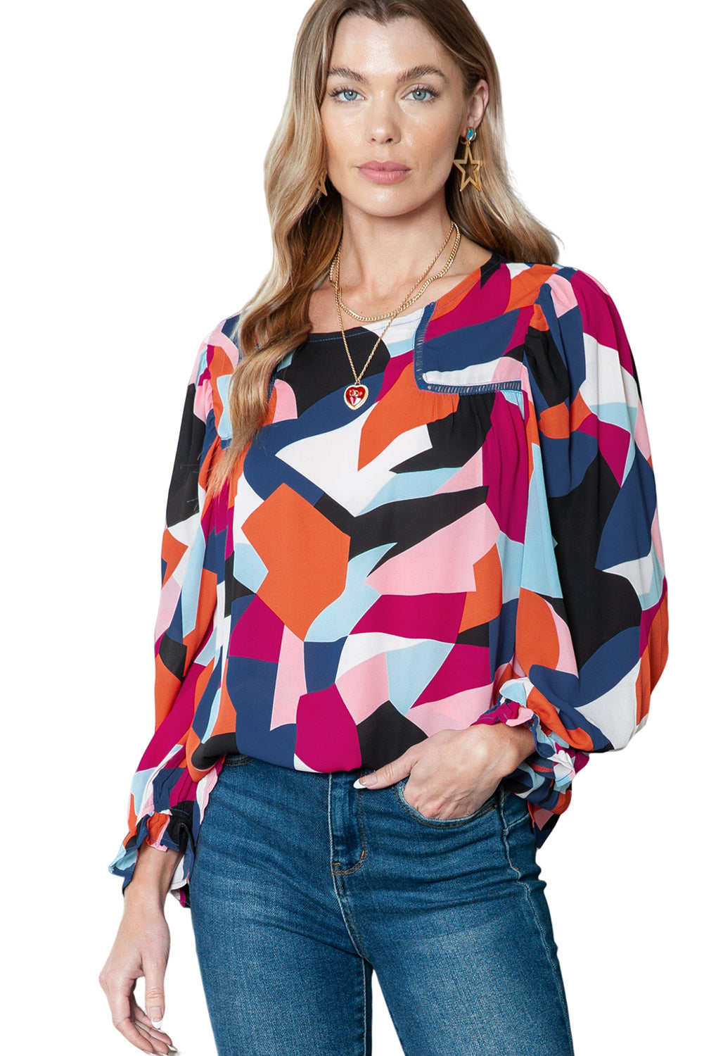 Multicolor Casual Abstract Print Puff Sleeve BlouseMaterial:100%Polyester



		•An artful abstract pattern bursts with bold color on this light and airy blouse.
	
	
		•Highlights: Relaxed fit, long sleeves with 