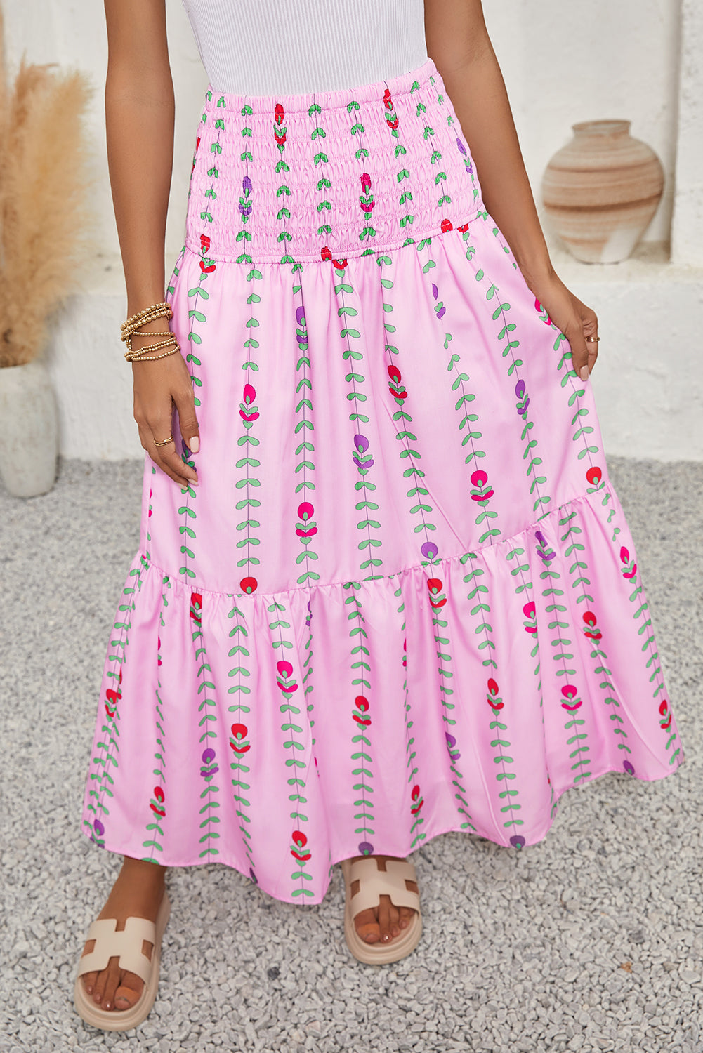 Pink Smocked Waist Tiered Maxi SkirtMaterial:100%Polyester

• Effortlessly chic in pink, this maxi skirt exudes a casual summer vibe perfect for daily wear.
• The shirred waist adds a touch of textur