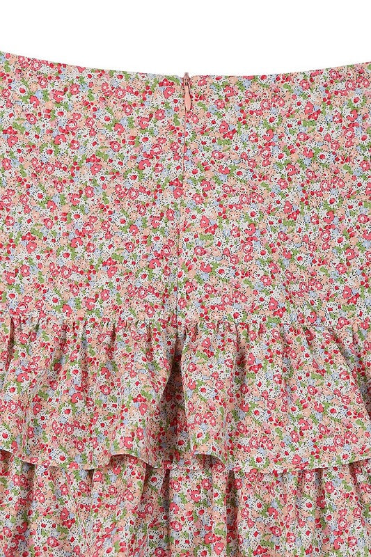 Tierd floral skirt - bottom*Multi pink floral shirred waist layered ruffle hem skirt*Pattern type : floral print*Stretch : no stretch*Sheer : not lined, but not sheer*Care instruction : machin