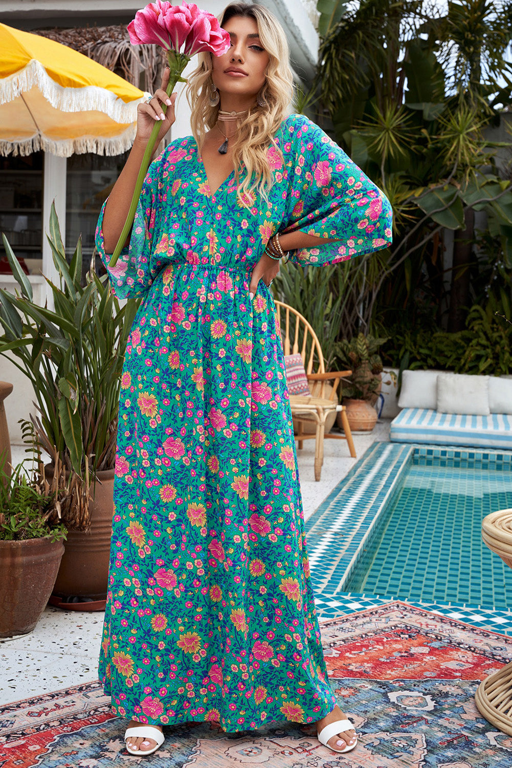 Floral Print Deep V Neck Flutter Sleeve Boho Maxi Dress