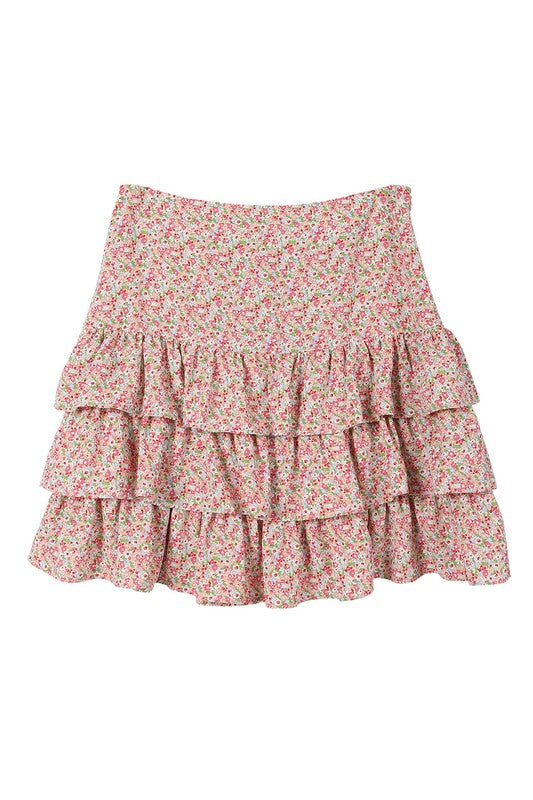 Tierd floral skirt - bottom*Multi pink floral shirred waist layered ruffle hem skirt*Pattern type : floral print*Stretch : no stretch*Sheer : not lined, but not sheer*Care instruction : machin