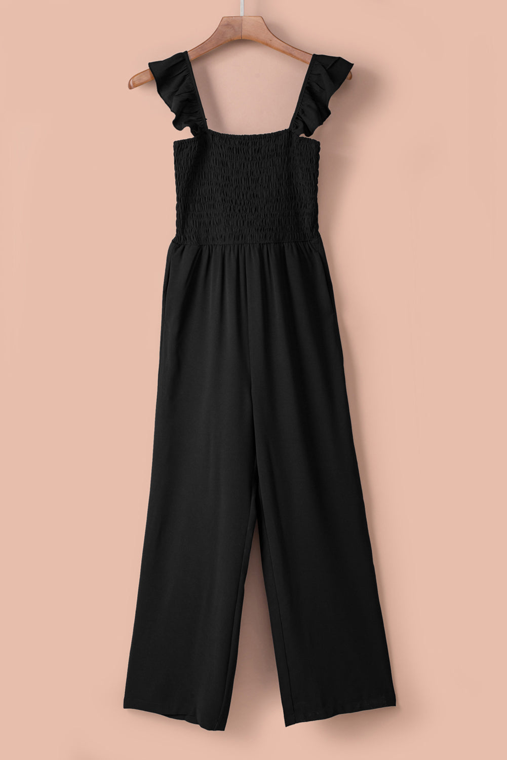 Apricot Smocked Ruffle Strap Pocket Wide Leg JumpsuitMaterial:100%Polyester



		This plain jumpsuit is sexy yet graceful with a flattering silhouette
	
	
		Flutter sleeves, square neck, smocked bodice and wide le